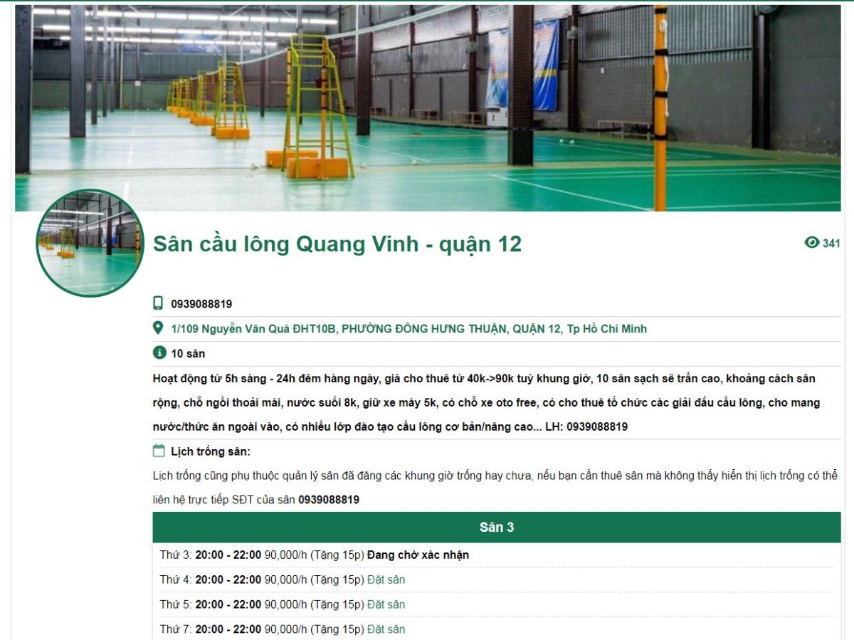 Hướng dẫn quản lý, tìm kiếm sân cầu lông